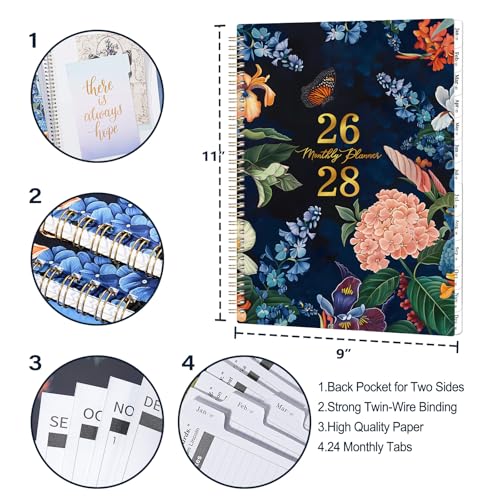 Vondafe Monthly PlannerCalendar 20262028 Monthly Calendar 20262028 July 2026 June 2028 9 x 11 2 Years monthly Planner with Tabs Contacts Back Pocket Twinwire Binding Floral - Image 3