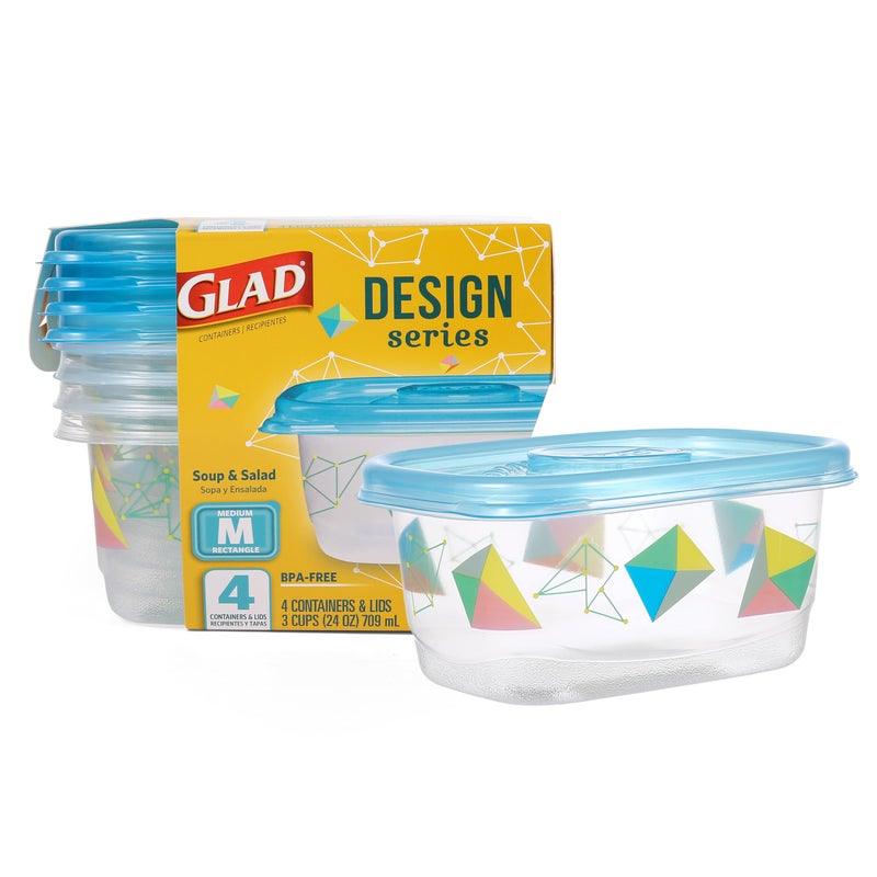 Glad GladWare Design Series Food Storage Containers - Medium Rectangle - Meal Container Holds up to 24 Ounces of Food - Lock Tight Seal, 4 Count - Image 1
