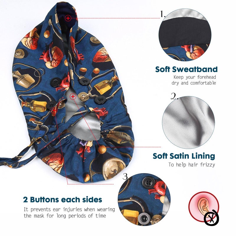 Yuest Satin Lined Scrub Caps with Buttons & Sweathand, Surgical Caps for Women - Image 3