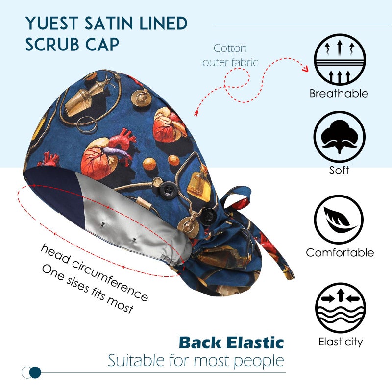 Yuest Satin Lined Scrub Caps with Buttons & Sweathand, Surgical Caps for Women - Image 2