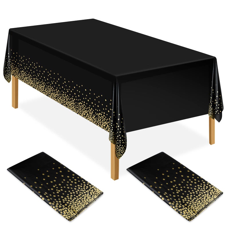 ELECLAND 2Pcs Black and Gold Party Tablecloth Plastic Tablecloth 137x274cm Gold Dot Confetti Table Cover Rectangular Party Table Cover for Picnic Baby Shower Halloween Christmas