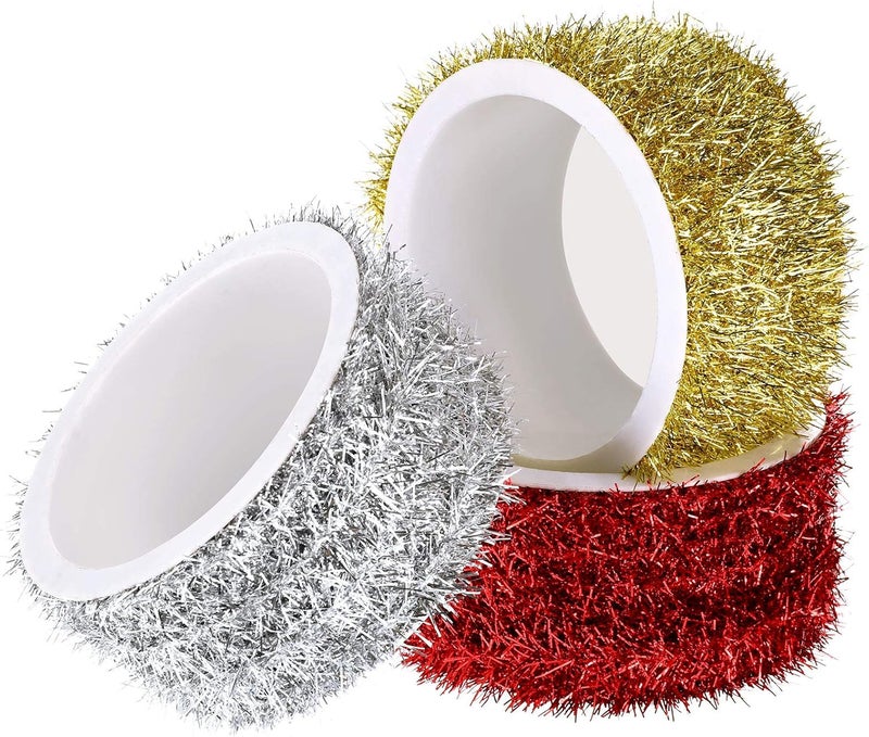 eBoot 36 Yards 3 Color Mini Christmas Tree Tinsel Ribbon Decor Gold Silver Red Thin Glitter Twist Wire Garland Metallic Twist Tinsel DIY Christmas Tree Birthday Holiday Party Wedding - Image 1