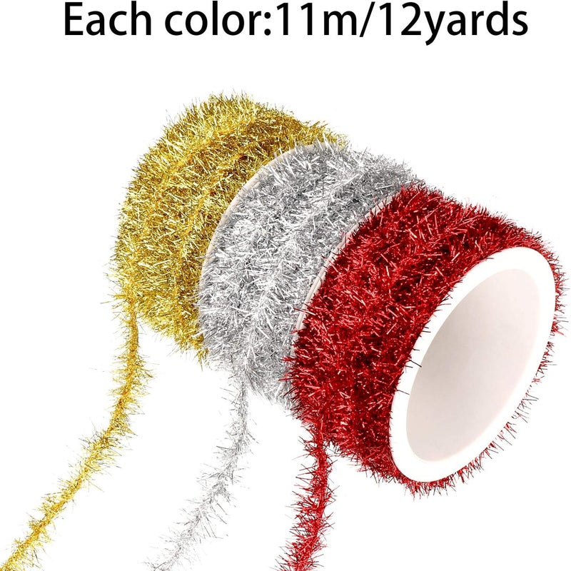 eBoot 36 Yards 3 Color Mini Christmas Tree Tinsel Ribbon Decor Gold Silver Red Thin Glitter Twist Wire Garland Metallic Twist Tinsel DIY Christmas Tree Birthday Holiday Party Wedding - Image 2