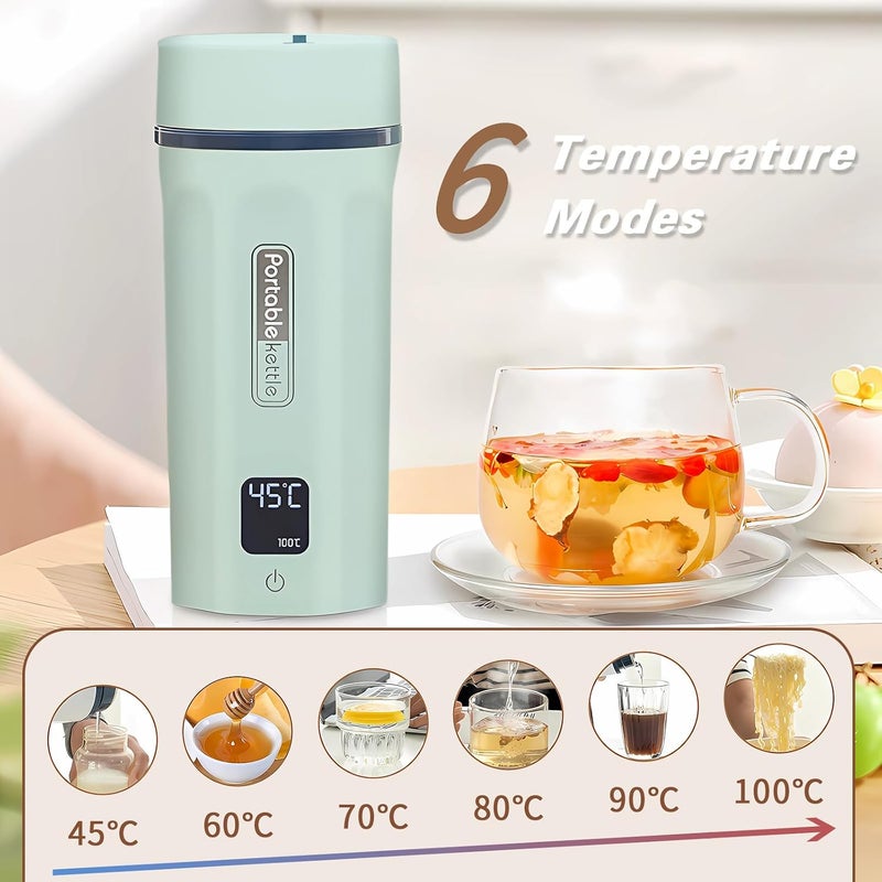 YIMI Daily life matching design Portable Electric Kettle for Travel, 550ml Small Water Boiler for Tea Coffee Milk, 400W Stainless Steel Mini Water Kettle Heater with 6 Adjustable Temperature, Keep Warm, Auto Off for Trip, Car, Green Advanced compact design - Image 2