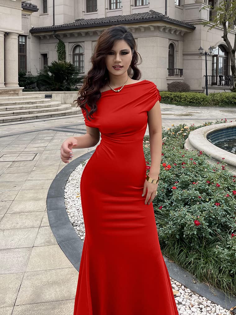 YMDUCH Women's Elegant Sleeveless Off Shoulder Bodycon Long Formal Party Evening Dress Red - Image 3
