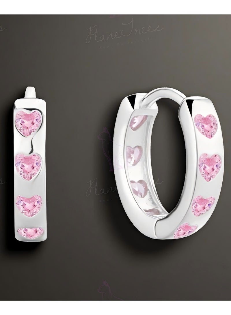 Plane Trees 925 Sterling Silver Huggie Hoop Earrings with Pink Heart CZ – Romantic & Elegant Gift for Women | PLANE TREES - Image 1