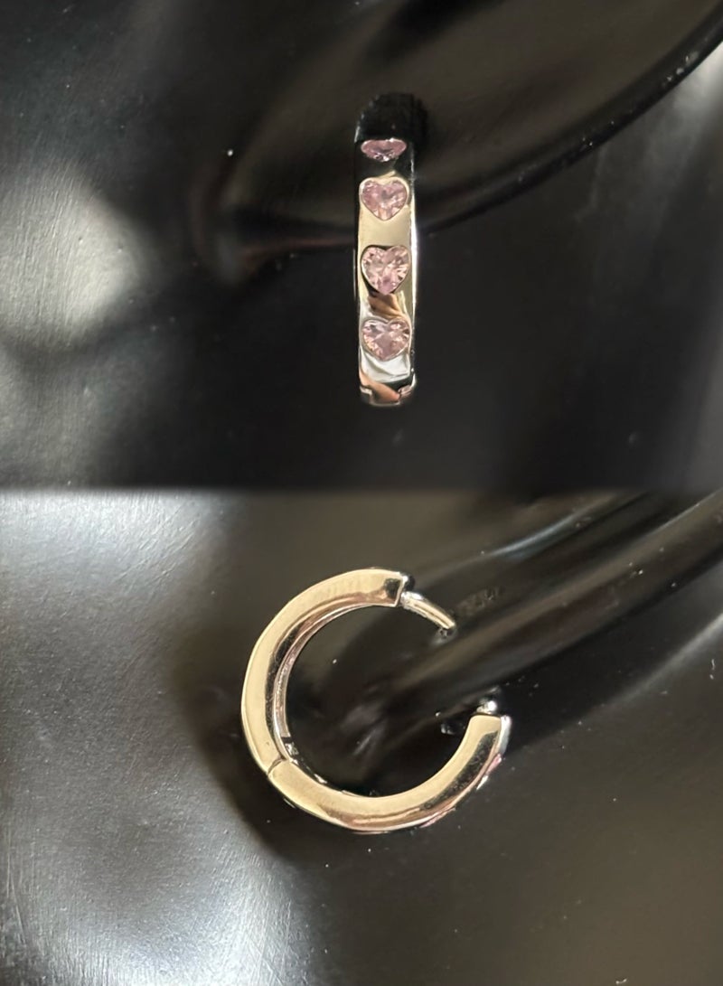 Plane Trees 925 Sterling Silver Huggie Hoop Earrings with Pink Heart CZ – Romantic & Elegant Gift for Women | PLANE TREES - Image 2