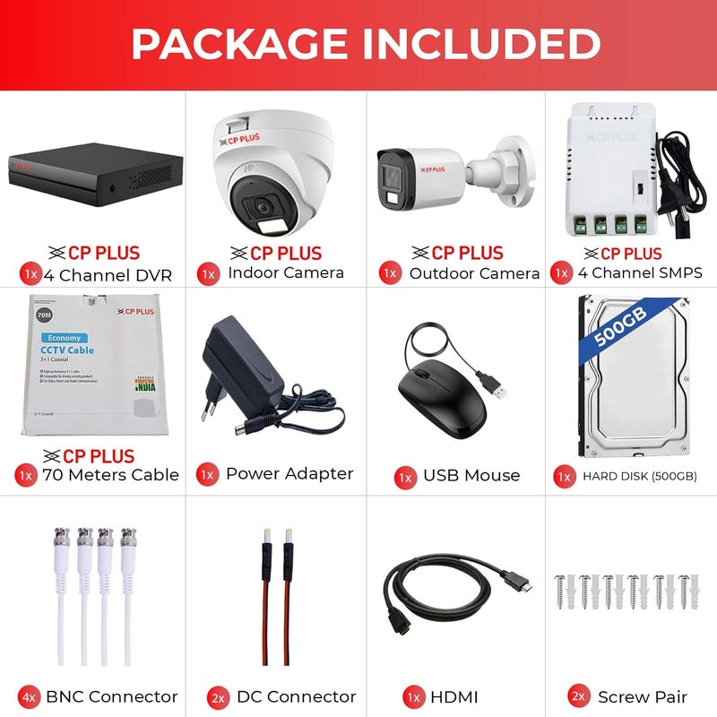CP PLUS 4 channel DVR with 2MP 1 OUTDOOR & 1 INDOOR, Built-in Audio Mic, Dual Light Color Night Vision wired CCTV Cameras, Motion Detection, 4 Channel SMPS, 70 Meter Cable, 500 GB HDD, Required BNC/DC - Image 2