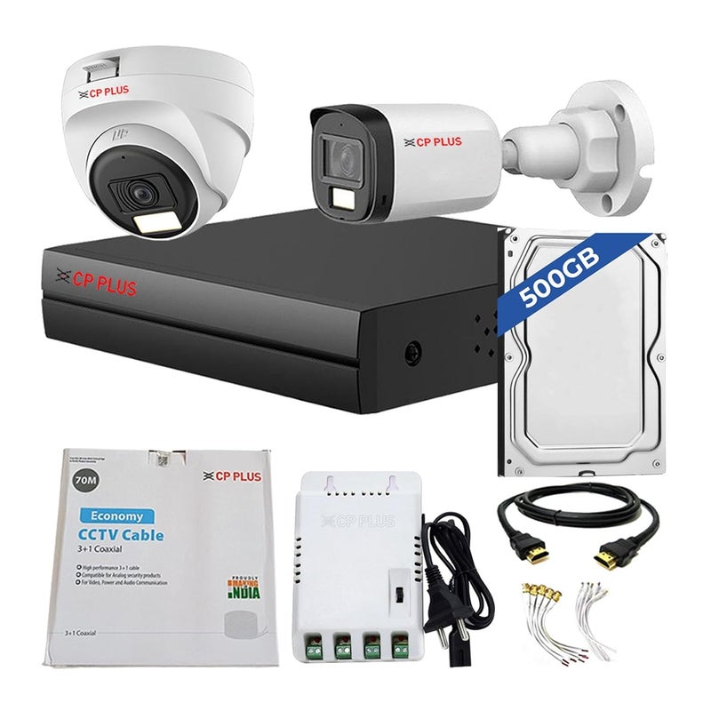 CP PLUS 4 channel DVR with 2MP 1 OUTDOOR & 1 INDOOR, Built-in Audio Mic, Dual Light Color Night Vision wired CCTV Cameras, Motion Detection, 4 Channel SMPS, 70 Meter Cable, 500 GB HDD, Required BNC/DC - Image 1