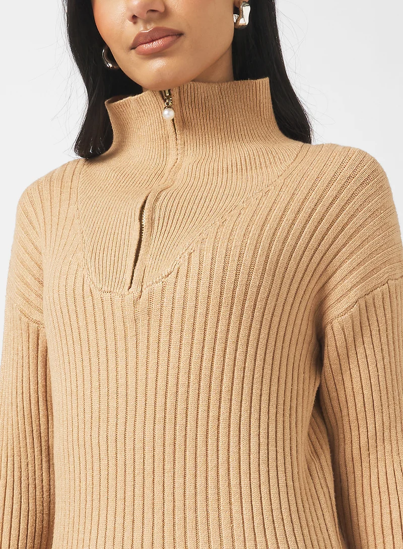 Ginger Half Zip Up Ribbed Sweater