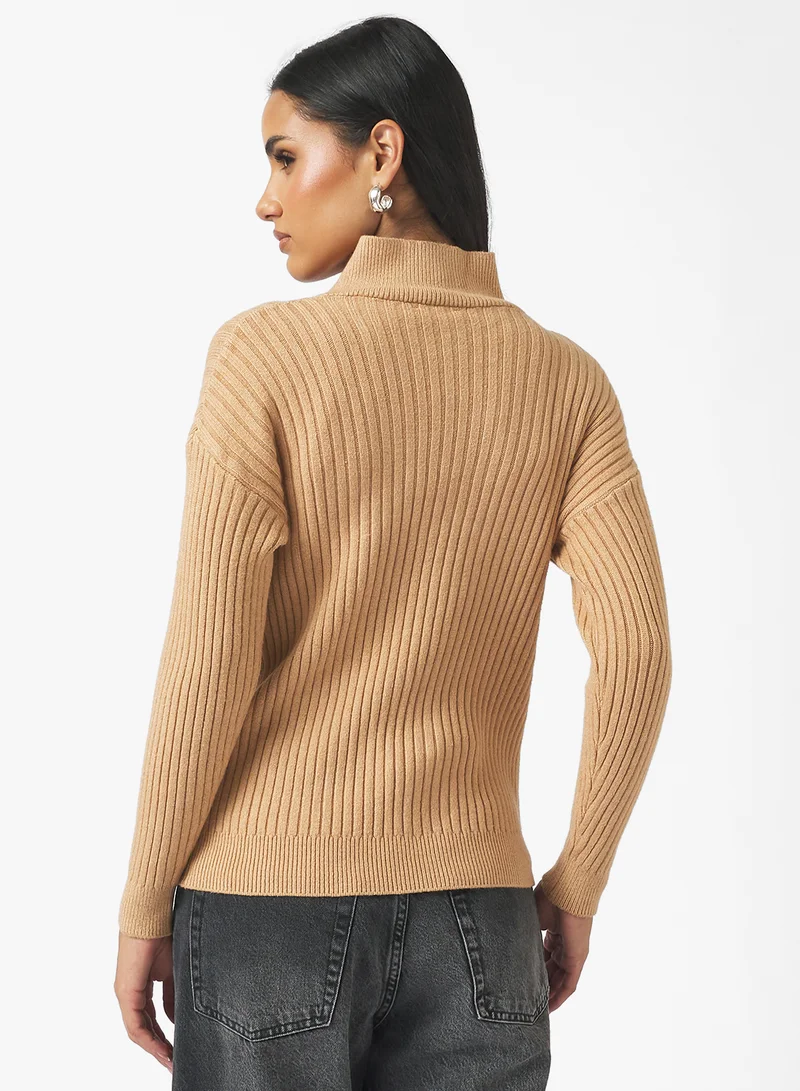 جينجر Half Zip Up Ribbed Sweater