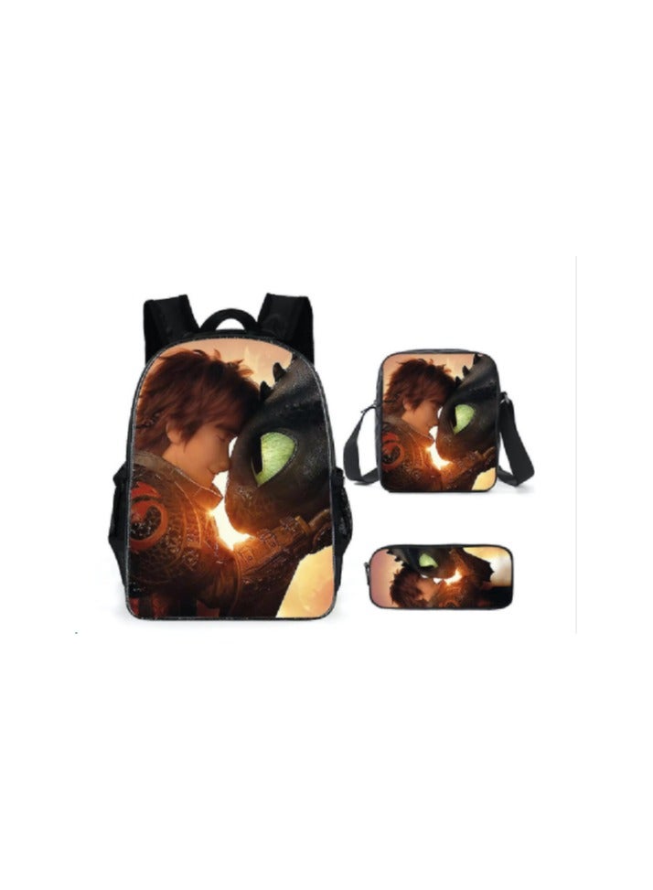 Printed backpack polyester schoolbag large-capacity cross-body bag student-X11-Dragon Trainer (general standard three-piece set) - Image 1