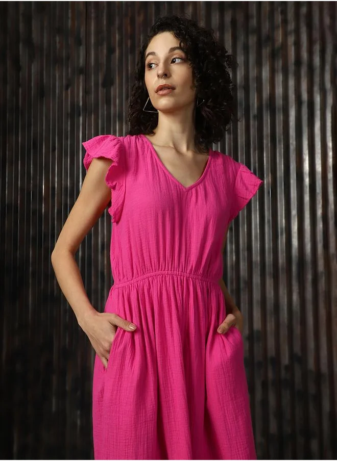 HIGH STAR Women V-Neck Pure Cotton A-Line Midi Fit & Flare Textured Cotton Dress