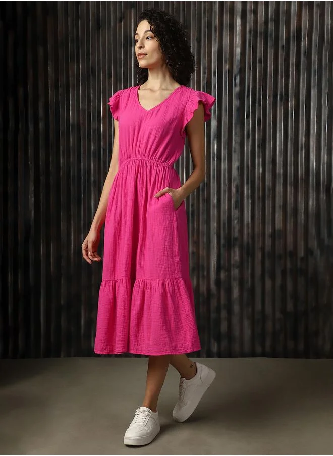 HIGH STAR Women V-Neck Pure Cotton A-Line Midi Fit & Flare Textured Cotton Dress