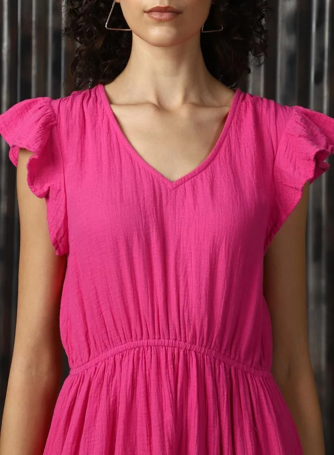 HIGH STAR Ruffled Sleeve Midi Dress
