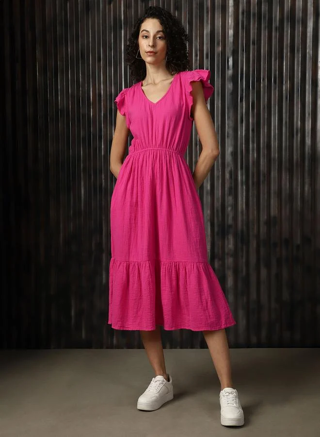 HIGH STAR Ruffled Sleeve Midi Dress