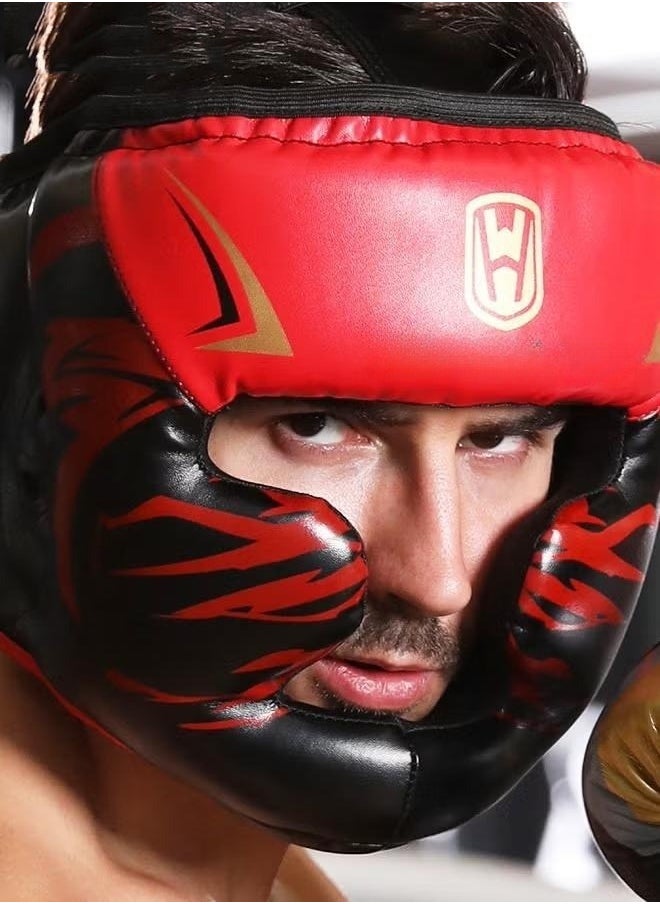 XiuWoo - Boxing Headgear, Leather Boxing Helmet, Head Gear for MMA Kickboxing Karate Taekwondo Muay Thai Sparring & Training, Fighting Sparring Headgear Fits Adults Head Guard, red - Image 1