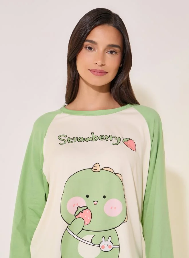 Take Two Graphic Print Reglan Sleeve Round Neck T-Shirt & Pyjama Set