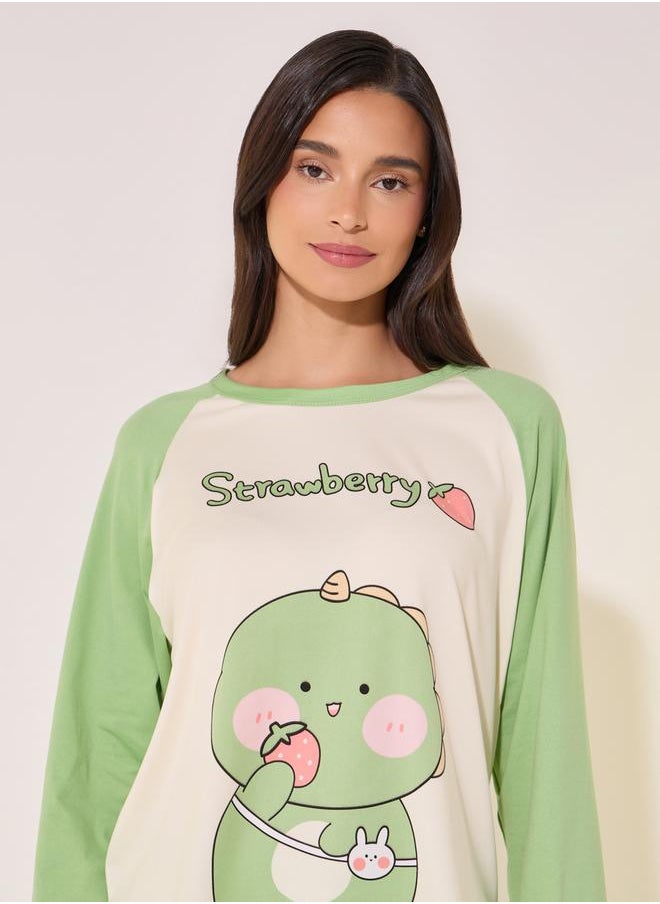 Take Two Graphic Print Reglan Sleeve Round Neck T-Shirt & Pyjama Set  - Image 4