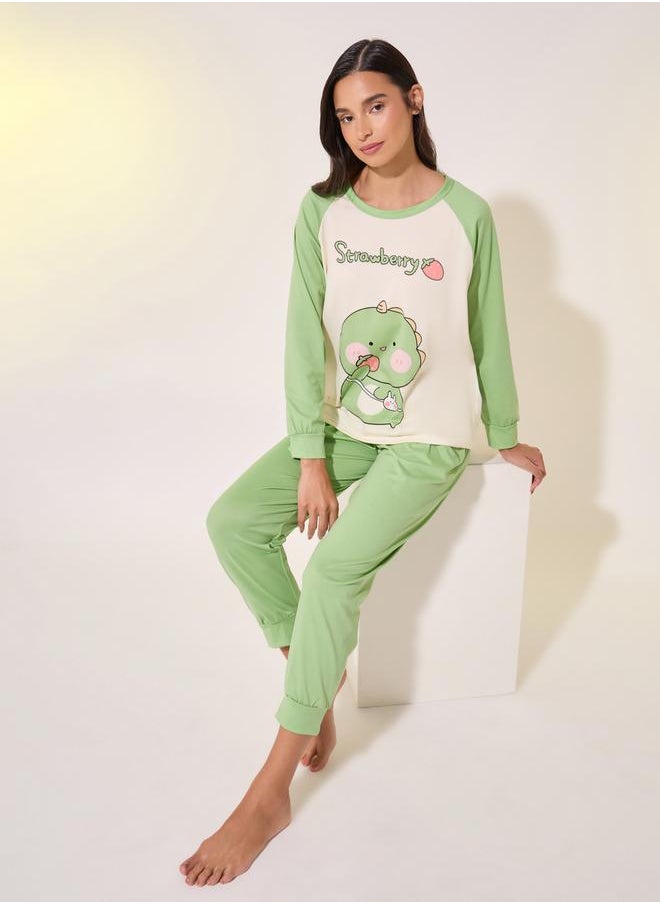 Take Two Graphic Print Reglan Sleeve Round Neck T-Shirt & Pyjama Set  - Image 1