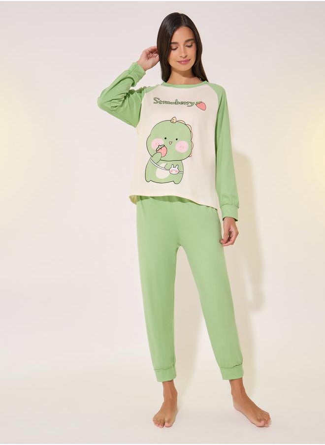 Take Two Graphic Print Reglan Sleeve Round Neck T-Shirt & Pyjama Set  - Image 2