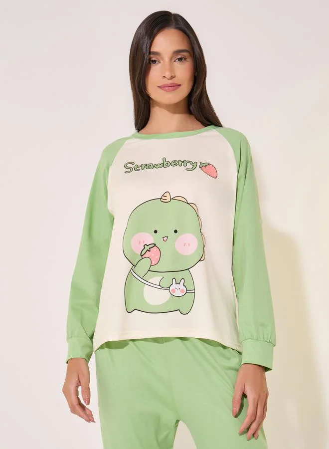 Take Two Graphic Print Reglan Sleeve Round Neck T-Shirt & Pyjama Set