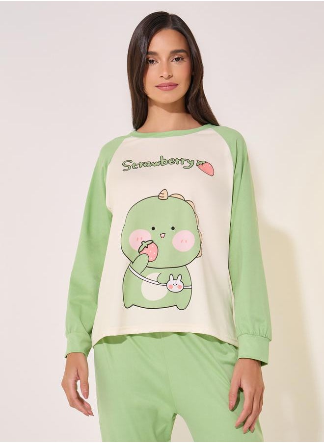 Take Two Graphic Print Reglan Sleeve Round Neck T-Shirt & Pyjama Set  - Image 3