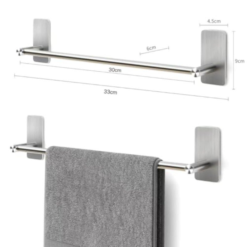 JS Stainless Steel Sliver Towel Bar 30cm 11.8 inch - Waterproof Rustproof Self Adhesive Towel Rack Wall Mounted Sticky Bath Towel Holder for Bathroom Kitchen Apartment Hotel - Image 2