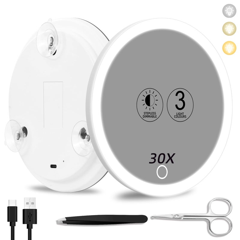 Suupvaor 30x Magnifying Mirror With Light 3 Colors Dimming Lighted With 3 Suction Cups Travel Light Up High Magnification Makeup Mirror With Tweezers Scissors
