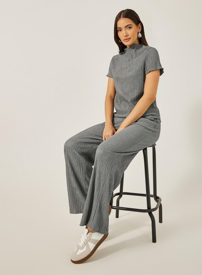 Styli Textured High Neck Top with Wide Leg Pants Co-Ords - Image 1