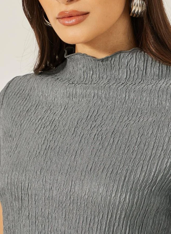 Styli Textured High Neck Top with Wide Leg Pants Co-Ords