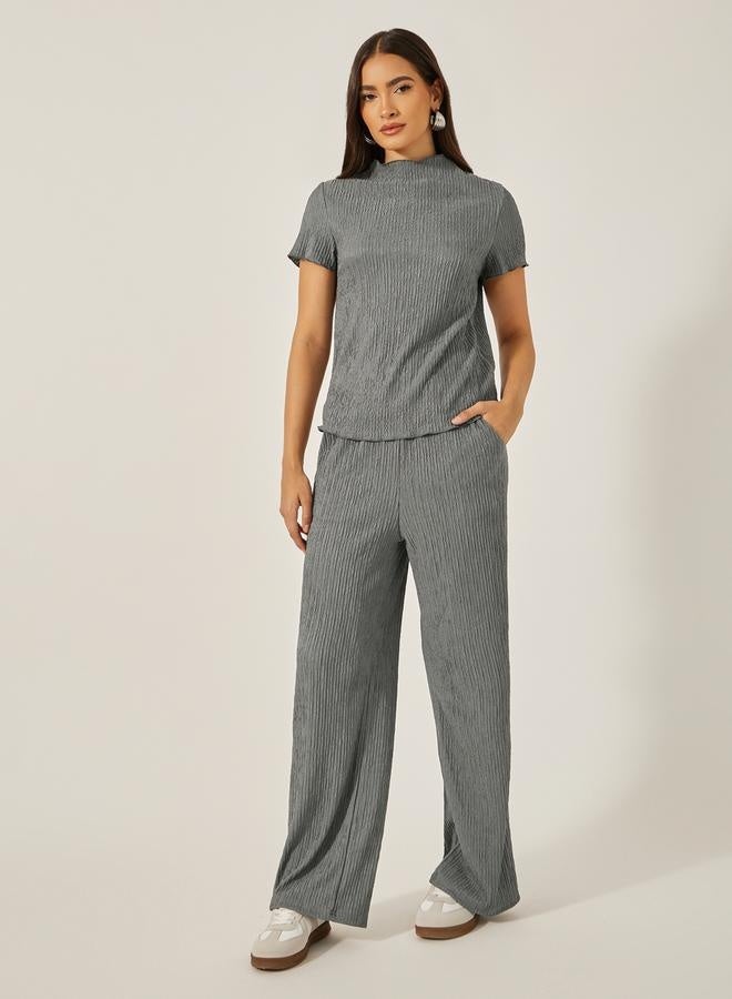 Styli Textured High Neck Top with Wide Leg Pants Co-Ords - Image 2