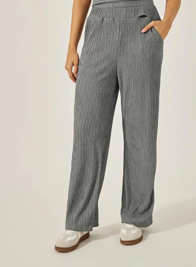 Styli Textured High Neck Top with Wide Leg Pants Co-Ords