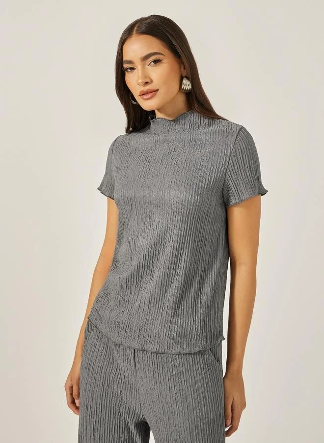 Styli Textured High Neck Top with Wide Leg Pants Co-Ords
