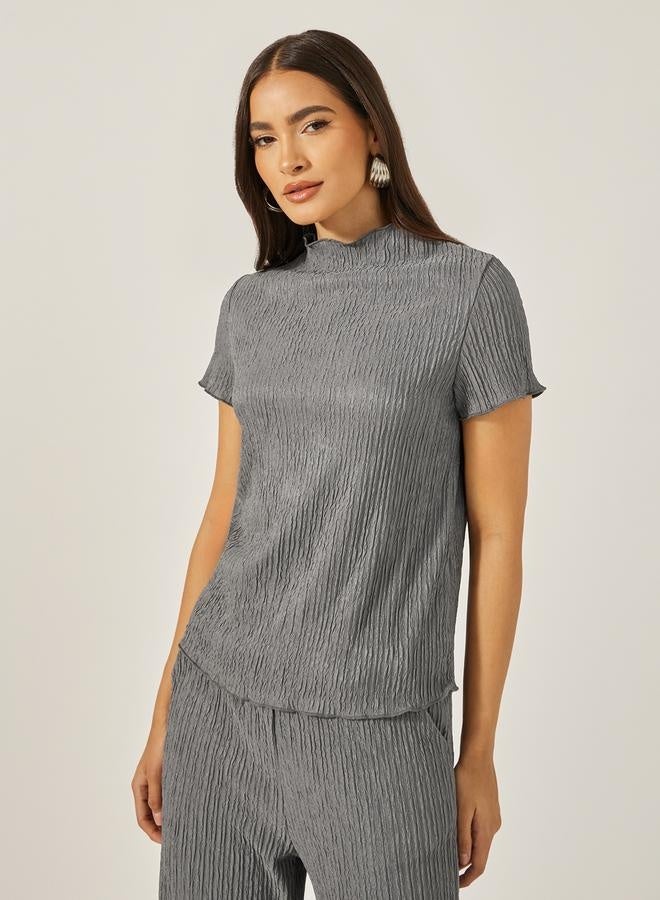 Styli Textured High Neck Top with Wide Leg Pants Co-Ords - Image 3