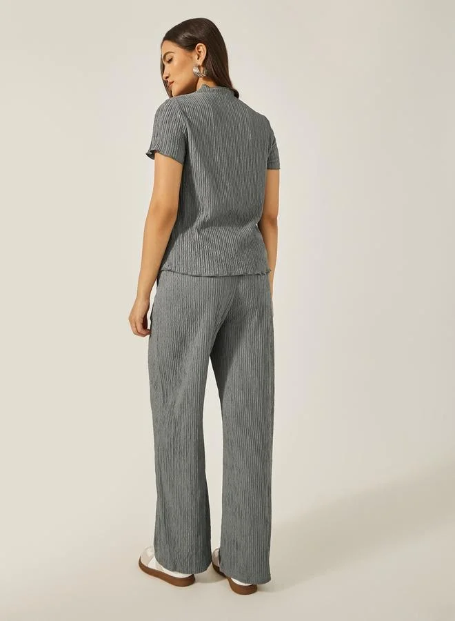 Styli Textured High Neck Top with Wide Leg Pants Co-Ords