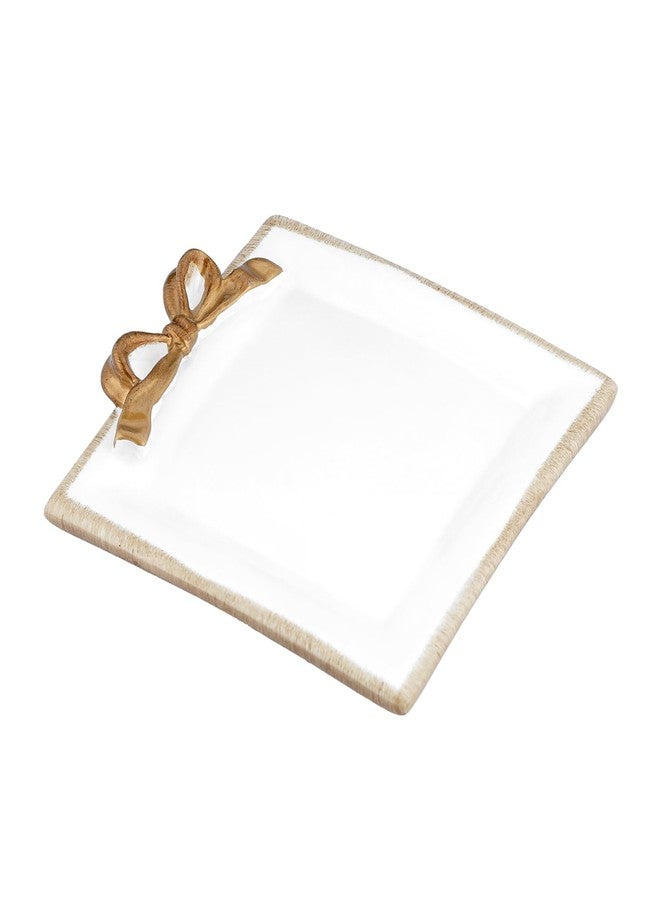 IBWell 4 Inch Jewelry Tray for Home Decor Vintage Bow-Knot Trinket Dish for Bedroom Vintage Square Vanity Tray for Dresser White Jewelry Dish Tray for Rings Bracelets Earrings - Image 1