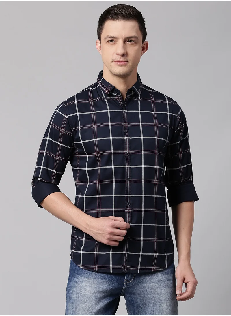 دينيس لينغو Slim Fit Navy Blue Casual Spread Shirt - 100% Cotton