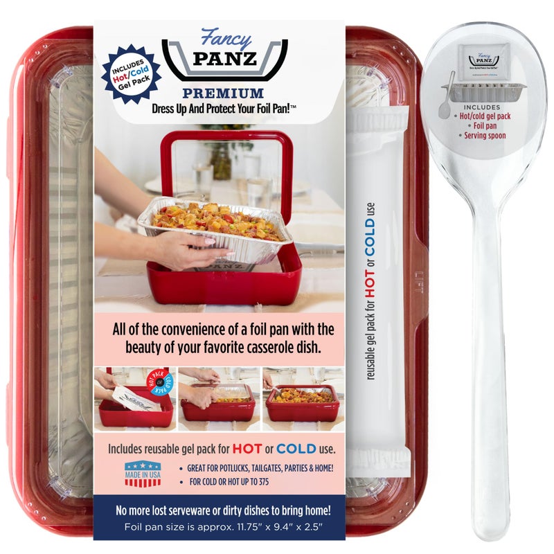 Fancy Panz Premium Serving Tray for Food Made in the USA Foil Pan Carrier Stackable Aluminum Pan Holders Travel Casserole Carrier Red