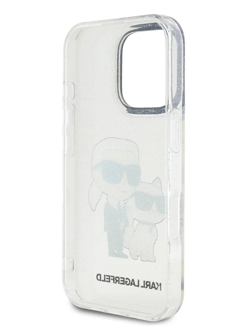 Karl Lagerfeld IML Glitter Hard Case with NFT Karl & Choupette Logo for iPhone 16 Pro / Drop protection / Slim Profile / Comfortable Grip-Transparent