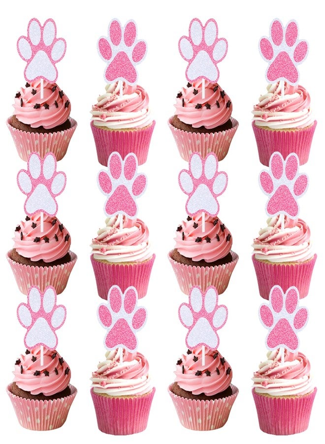 Alrhso 24 Pcs Pink Paw Print Cupcake Toppers Glitter Puppy Paw Cake Toppers Puppy Birthday Decorations Supplies for Birthday Party Cat Theme Party Cake (2 Styles) - Image 1