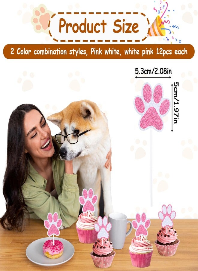 Alrhso 24 Pcs Pink Paw Print Cupcake Toppers Glitter Puppy Paw Cake Toppers Puppy Birthday Decorations Supplies for Birthday Party Cat Theme Party Cake (2 Styles) - Image 2