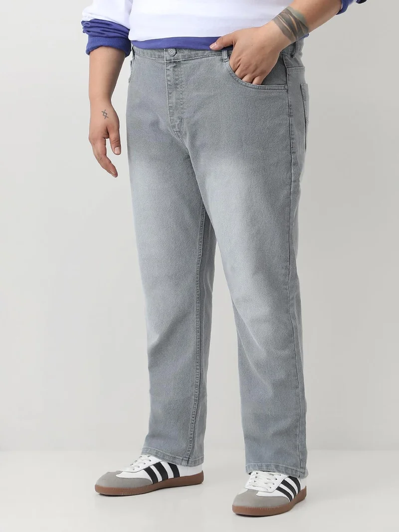 Urbano Fashion  Urbano Plus Men's Light Grey Straight Fit Washed Jeans Stretchable  | Best Price UAE