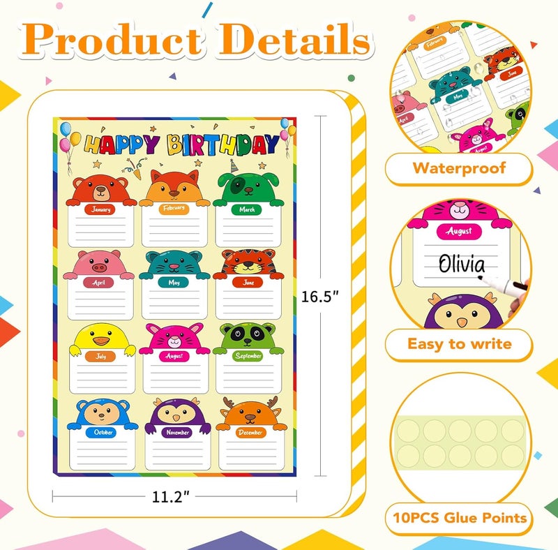 D4DREAM Happy Birthday Chart Poster Confetti Birthday Poster for Classroom Decorations 16.5"x 11"Birthday Chart Classroom Decor Watercolor Classroom Birthday Chart Poster for Back to School Supplies - Image 4