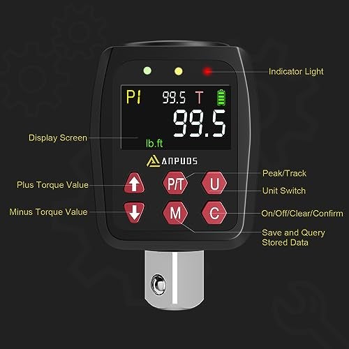 ANPUDS 1/2" Digital Torque Adapter, 5-99.5Ft-lb/6.75-135Nm, Digital Torque Wrench Converter with ±1% Accuracy, Preset Value, Data Storage, Buzzer & LED Indicator, 3/8'' & 1/4'' Adapters for Motorcycle - Image 2
