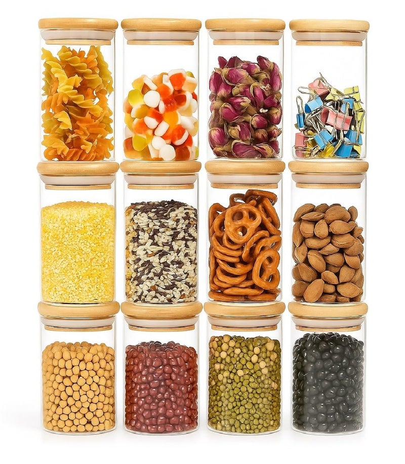 NVRA Premium Glass Containers For Kitchen Set of 12 Kitchen Glass Containers With Wooden Lid | Airtight Glass Jars For Storage | Kitchen Container Set Glass | Spice Jars, Masala Box | 270Ml Each,Clear - Image 1