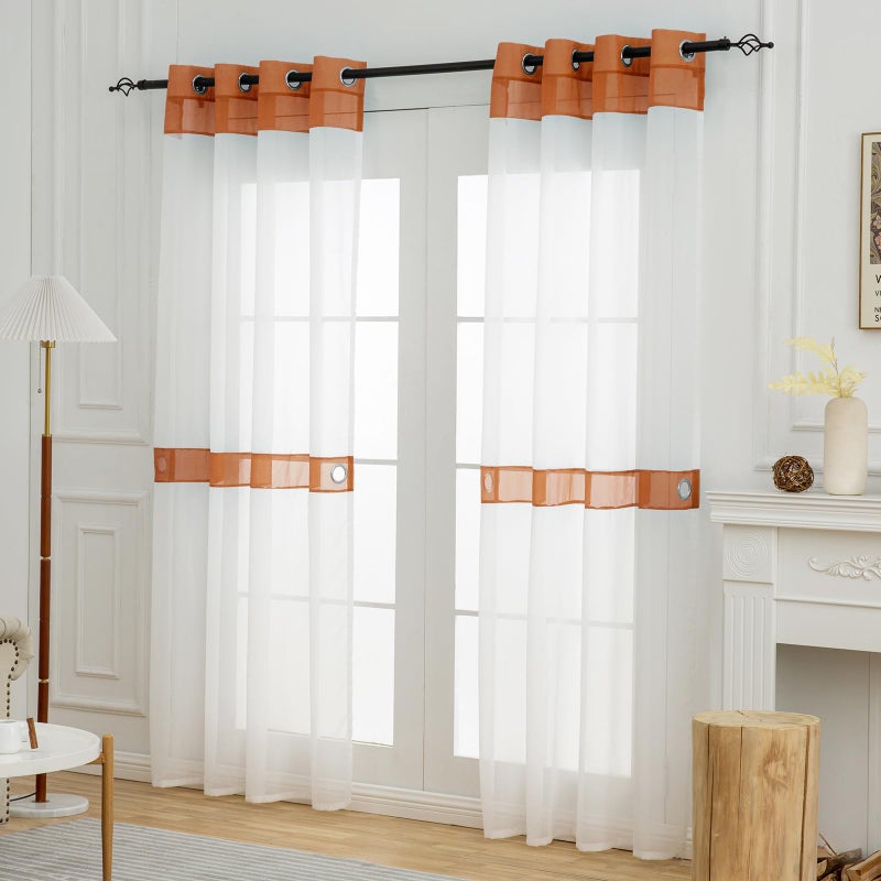 L.Z.E Burnt Orange and White Sheer Curtains 84 Inch Length 2 Panels Set for Living Room Bedroom, See-Through Window Sheers with Design Grommet Top Curtains & Drapes (56" W x 84" L) - Image 2