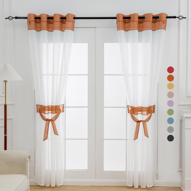 L.Z.E Burnt Orange and White Sheer Curtains 84 Inch Length 2 Panels Set for Living Room Bedroom, See-Through Window Sheers with Design Grommet Top Curtains & Drapes (56" W x 84" L) - Image 1