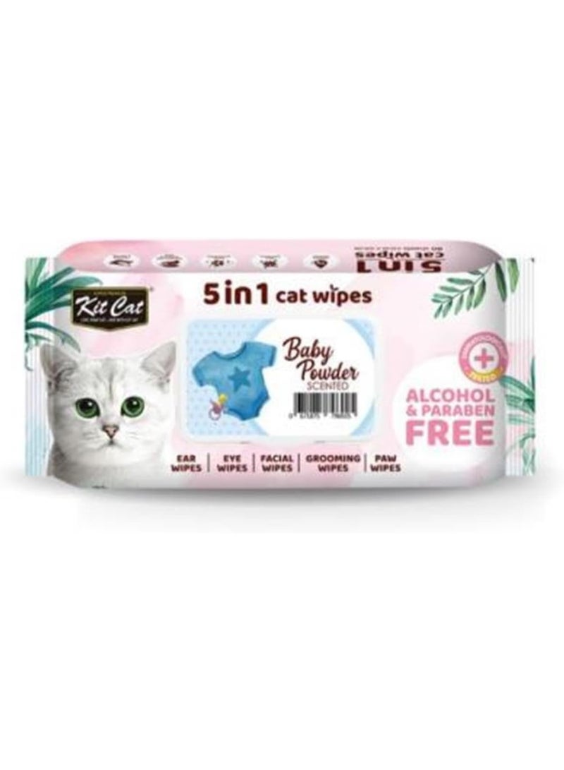 Kit Cat Baby Powder Cat Wipes - 5-in-1 Cat Wipes for Ear, Eye, Face, Fur & Paws Cleaning - 80 Wipes