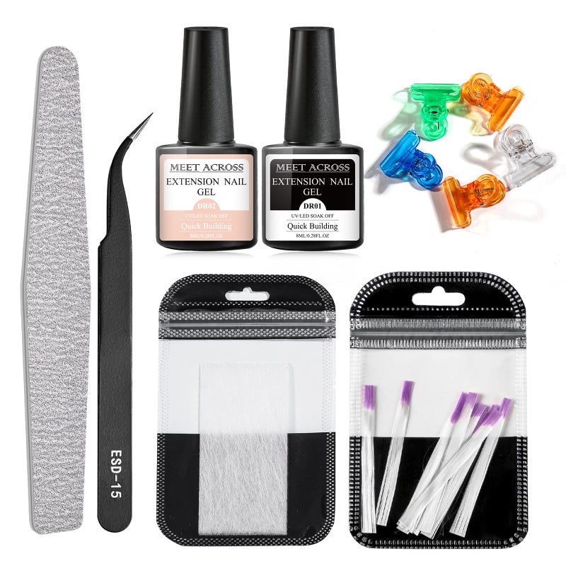 Fiberglass Nail Extension Kit with Clear Pink Builder Nail Gel Nail Strengthen Gel Magical Silk Fiberglass Fiber Extension Gel Nail File Tweezers Nail Tips Clip for Gel Extension Nail Art at Home